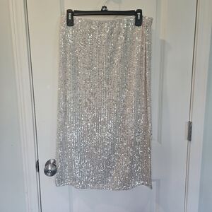 Halogen White Silver Sequin Women's Skirt Side Slit Size Medium